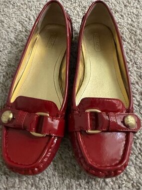 Coach Red Patent Leather Slip-On Loafers with Gold Accents